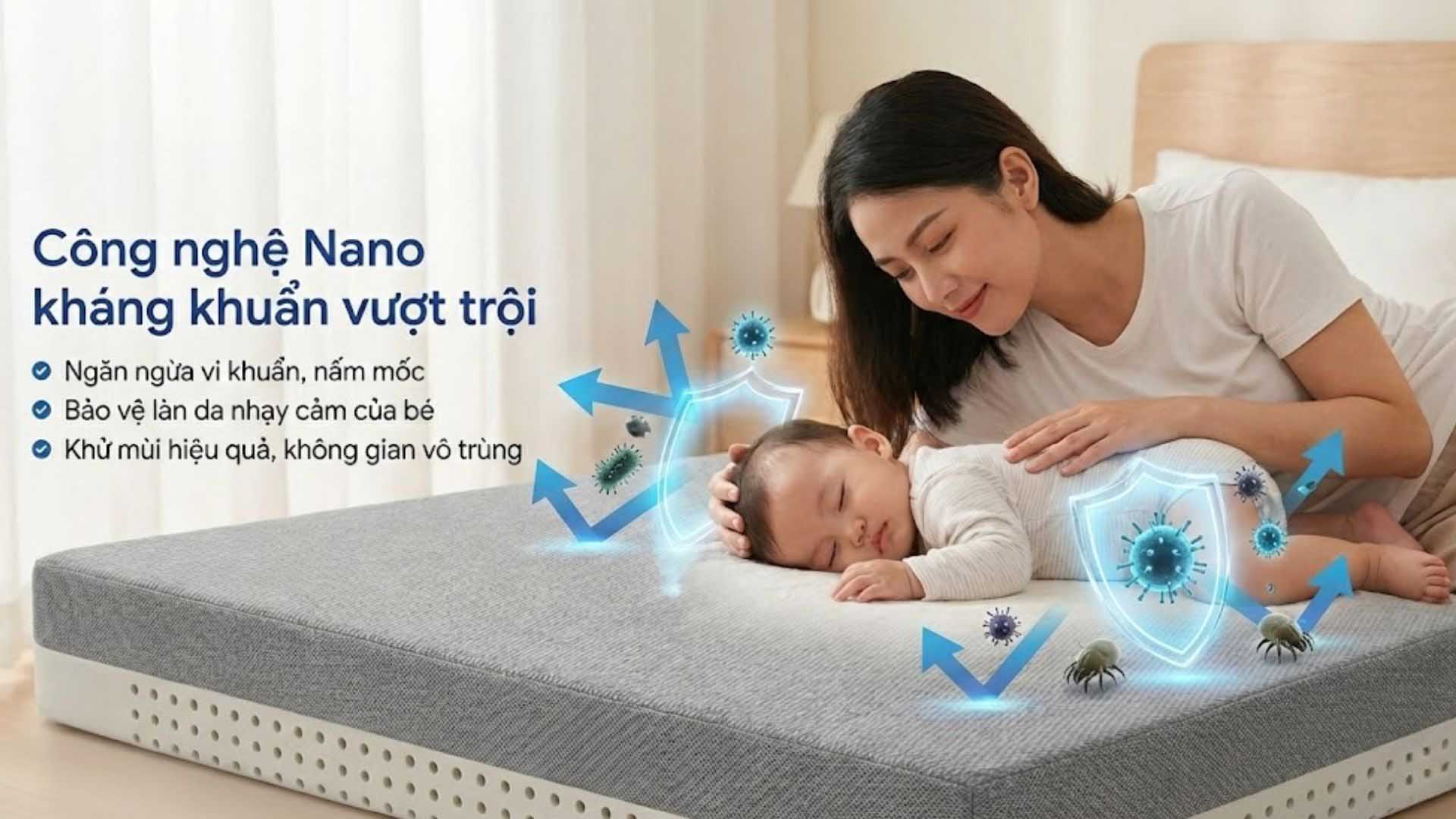 C&ocirc;ng nghệ vượt trội gi&uacute;p bảo vệ l&agrave;n da nhạy cảm của b&eacute; với nệm Foam Việt Nhật Nano