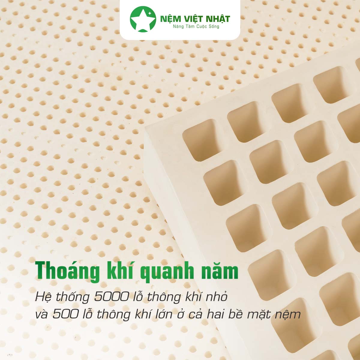 Hệ thống lỗ thoáng khí kép của nệm cao su thiên nhiên Việt Nhật Natural tại Sương Tuyết Đà Nẵng