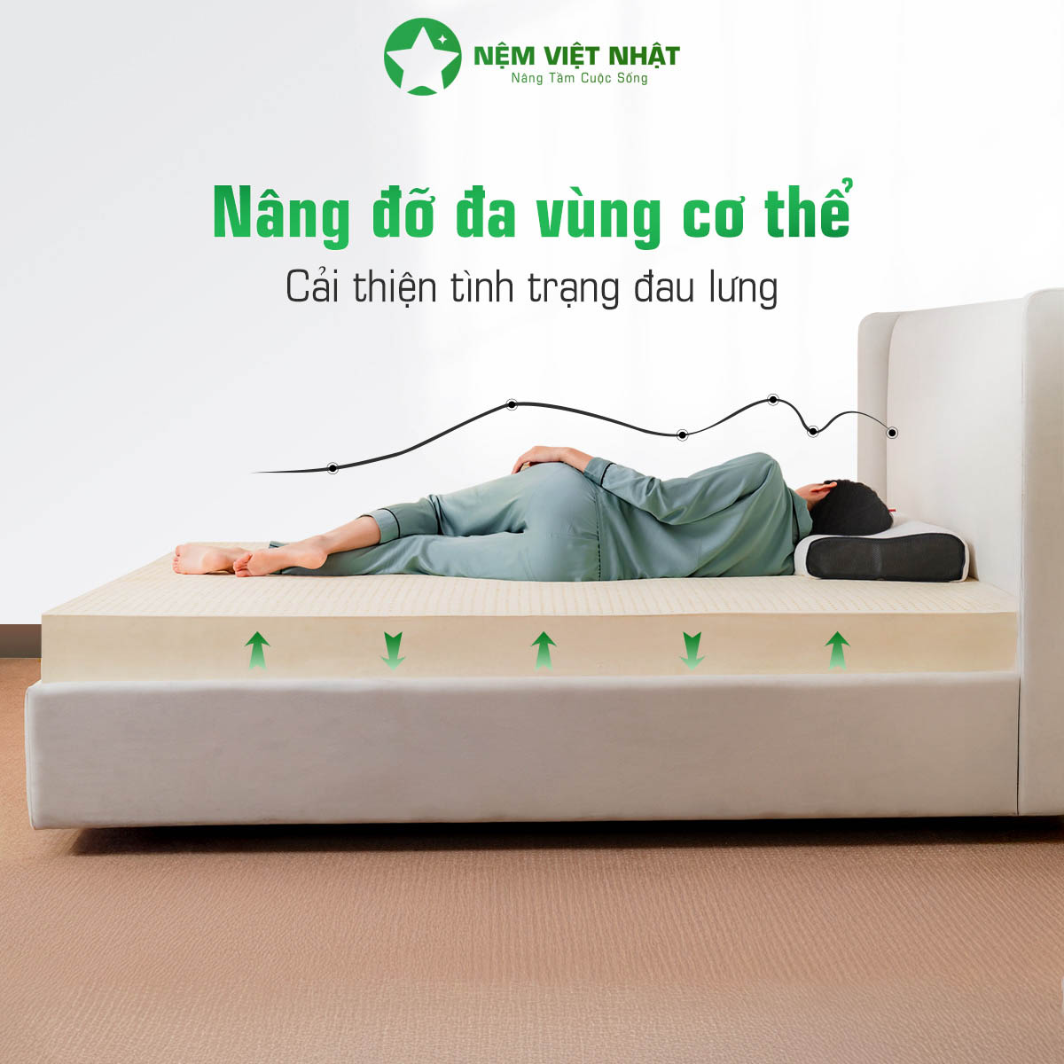 Nệm cao su thiên nhiên Việt Nhật Natural nâng đỡ đa vùng, bảo vệ cột sống tại Sương Tuyết Đà Nẵng
