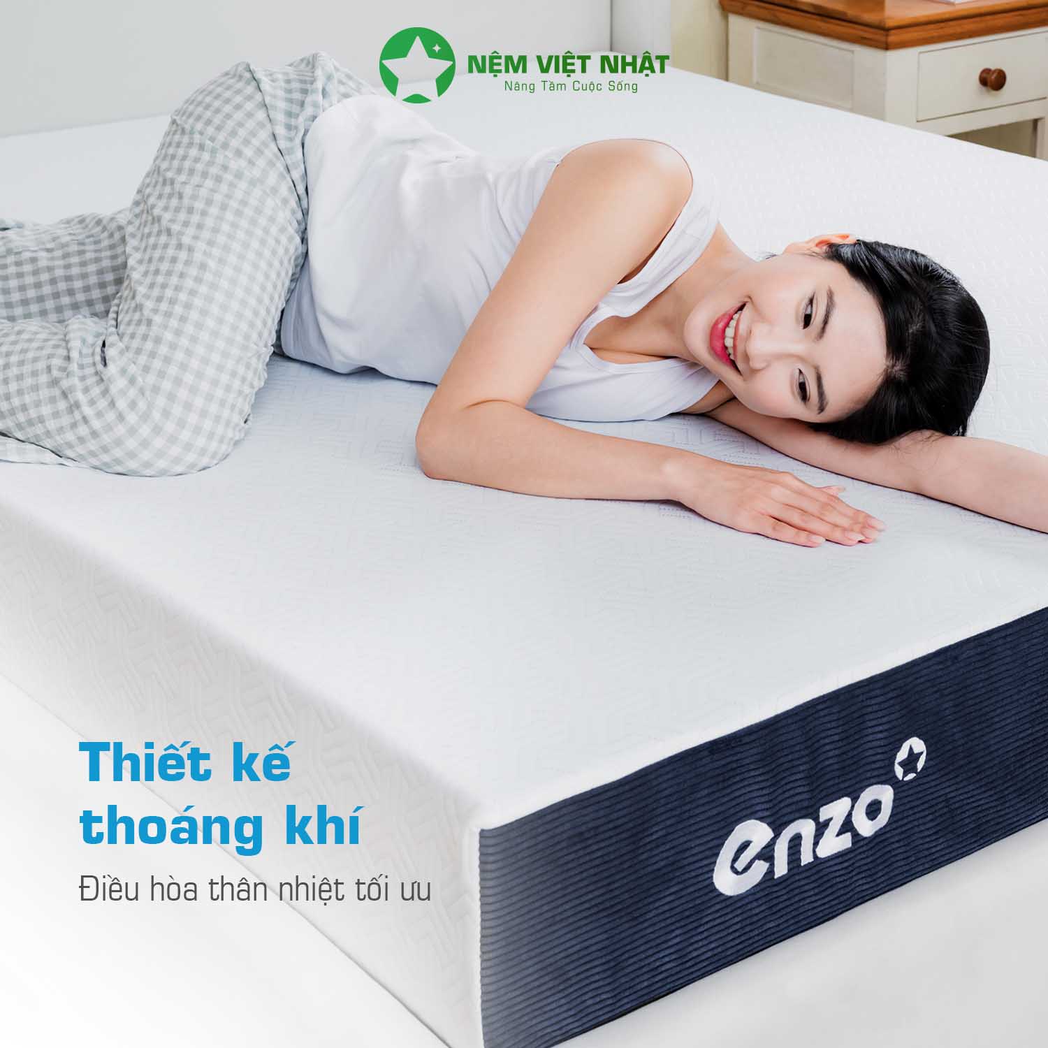 Lớp áo gấm thun thoáng khí của nệm Foam Việt Nhật Enzo giúp ngủ mát mẻ tại Sương Tuyết Đà Nẵng
