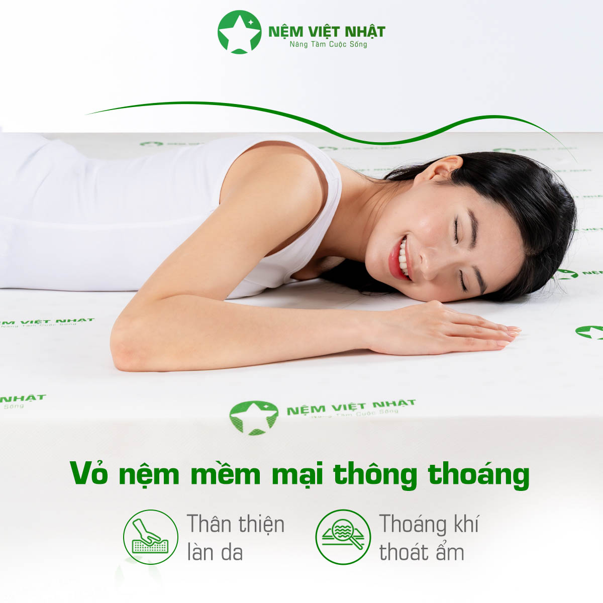 Chất liệu vải lưới 3D kh&aacute;ng khuẩn, chống ẩm mốc của nệm Việt Nhật Sora Sương Tuyết.