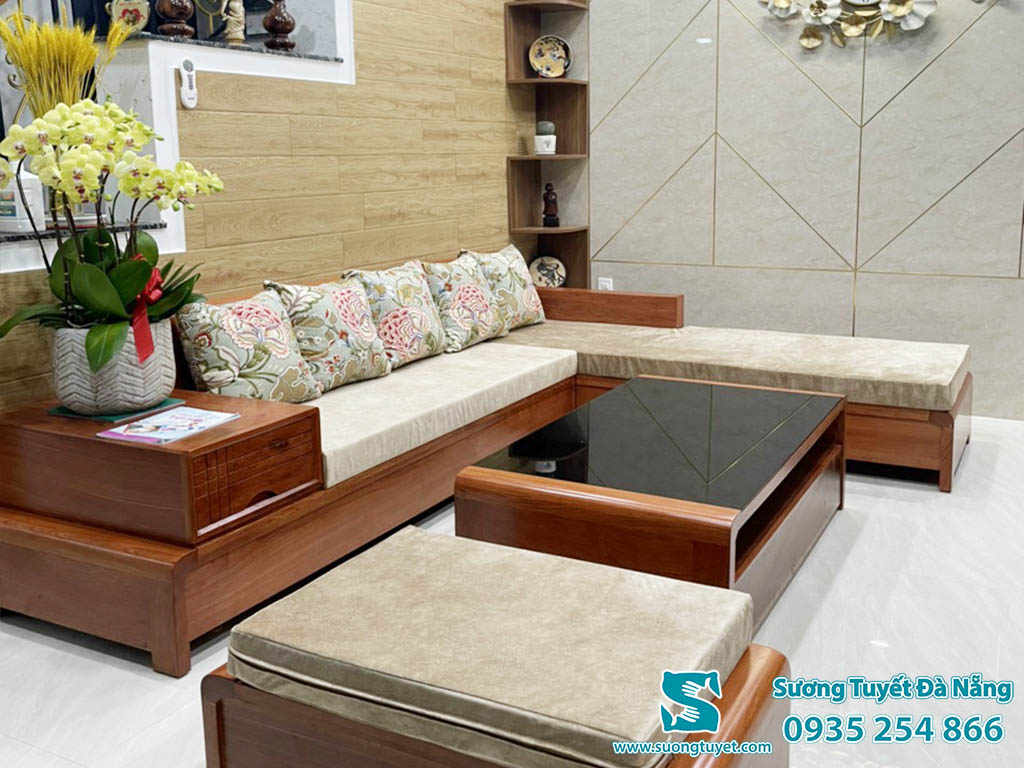 Bộ đệm ghế salon vải nhung bắt mắt với tông màu giả gỗ tao nhã, nhẹ nhàng.