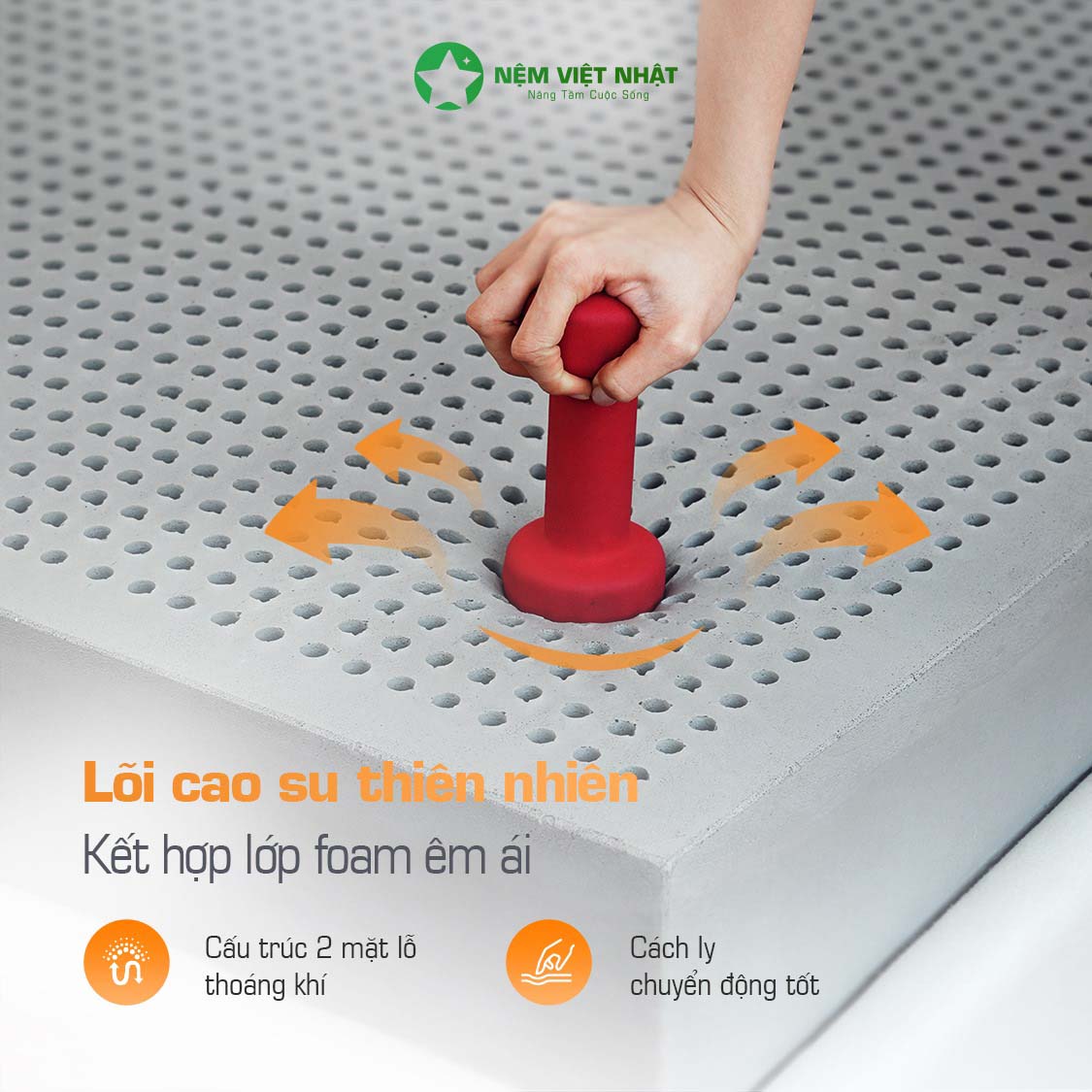 L&otilde;i cao su thi&ecirc;n nhi&ecirc;n kết hợp foam cấu tr&uacute;c lỗ th&ocirc;ng hơi tho&aacute;ng kh&iacute; của nệm Việt Nhật Ultimate Đ&agrave; Nẵng