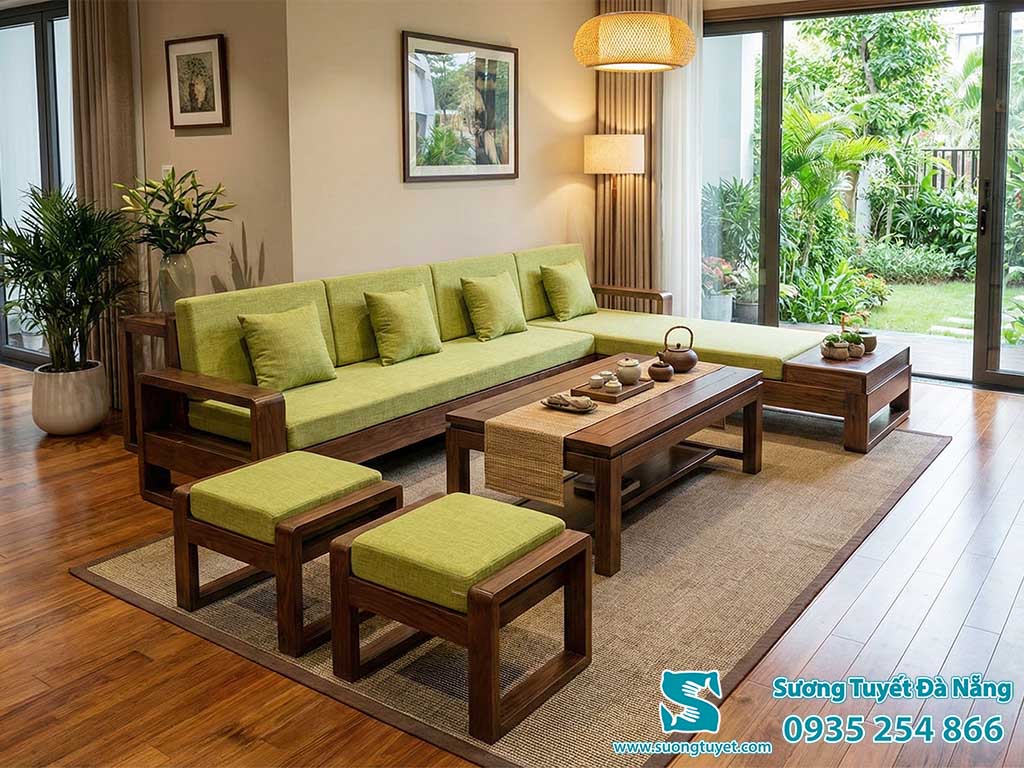 Bộ nệm ghế màu xanh lá cây tươi sáng, sang trọng.