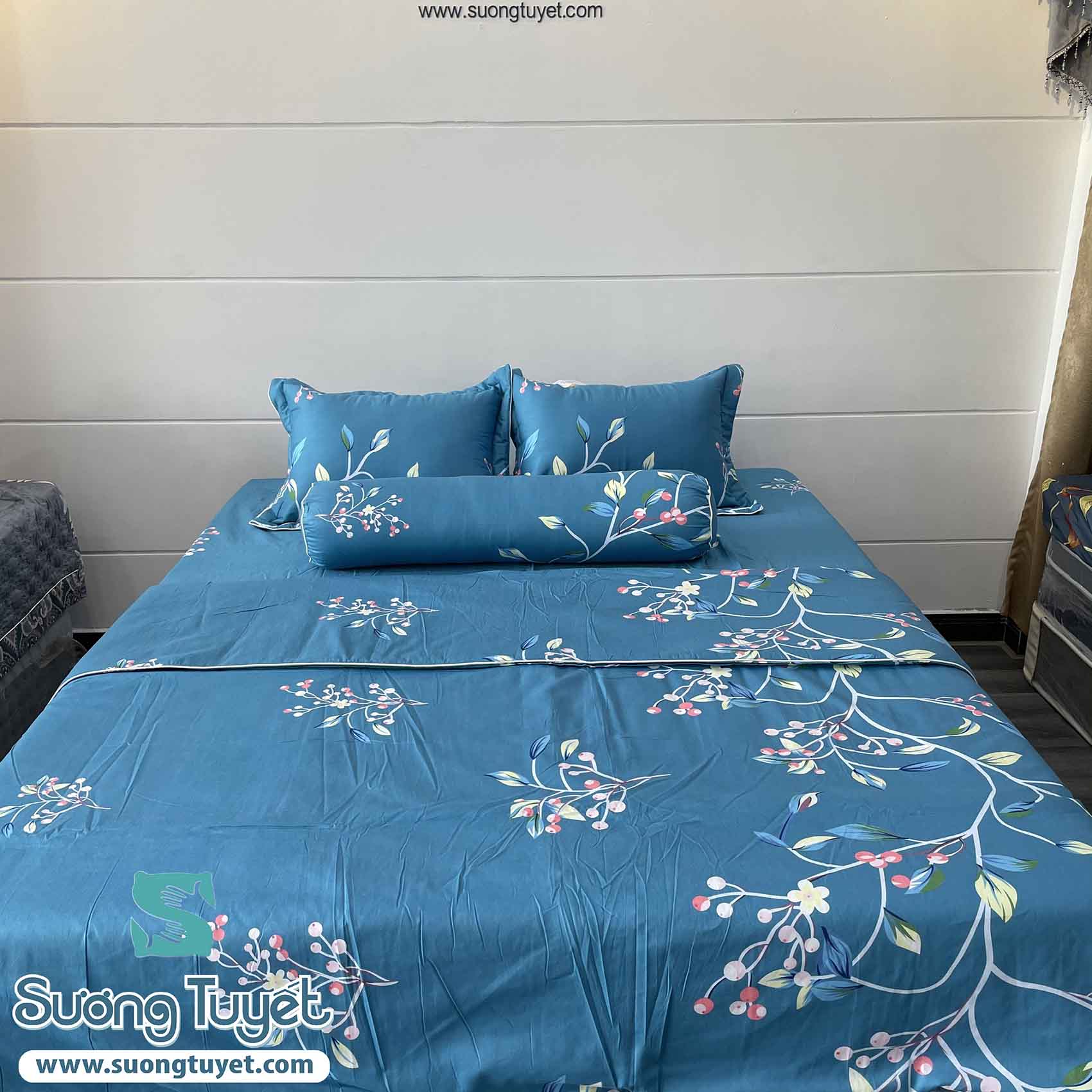 ra giường cotton hàn quốc màu xanh dương