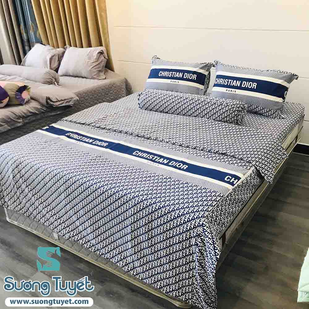 ga giường cotton màu xanh sọc trắng 64