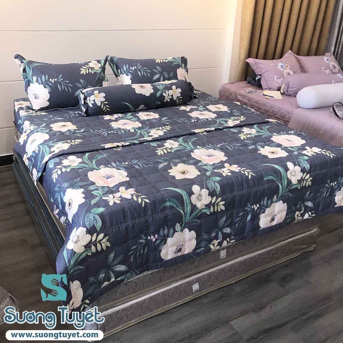 ga giường cotton màu xanh hình hoa hồng đà nẵng