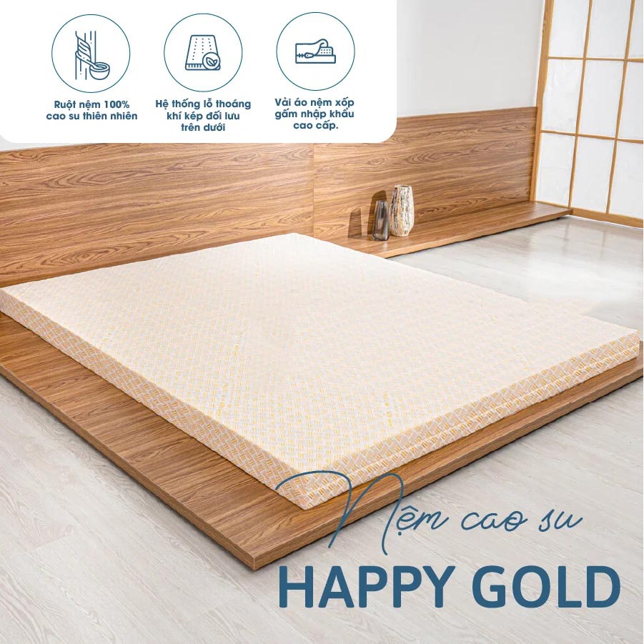 Nệm Happy Gold có thiết kế hiện đại, mẫu mã đẹp, màu vàng gold sang trọng.