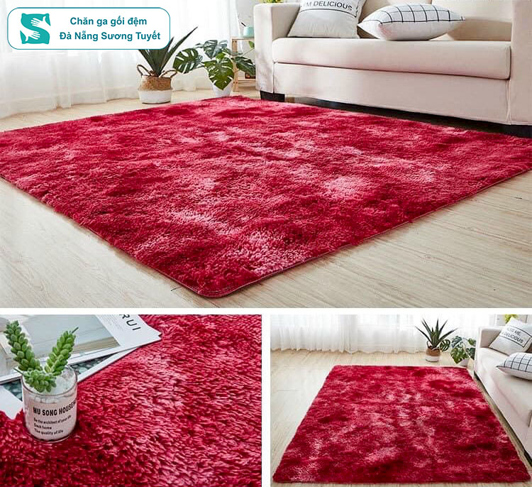 Hình ảnh mẫu thảm lông trải sàn màu đỏ với lớp lông dày dặn, tinh tế.