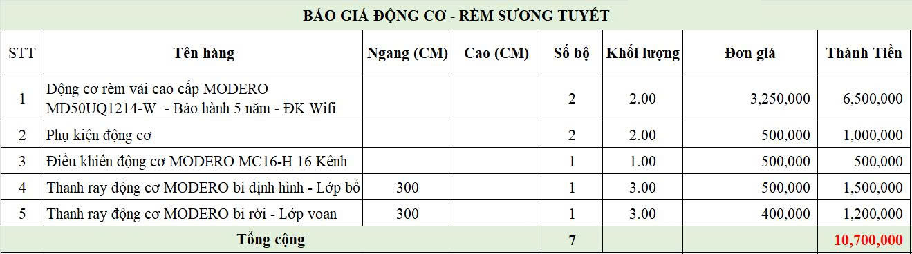 Ví dụ về cách tính giá phần tự động của rèm vải.