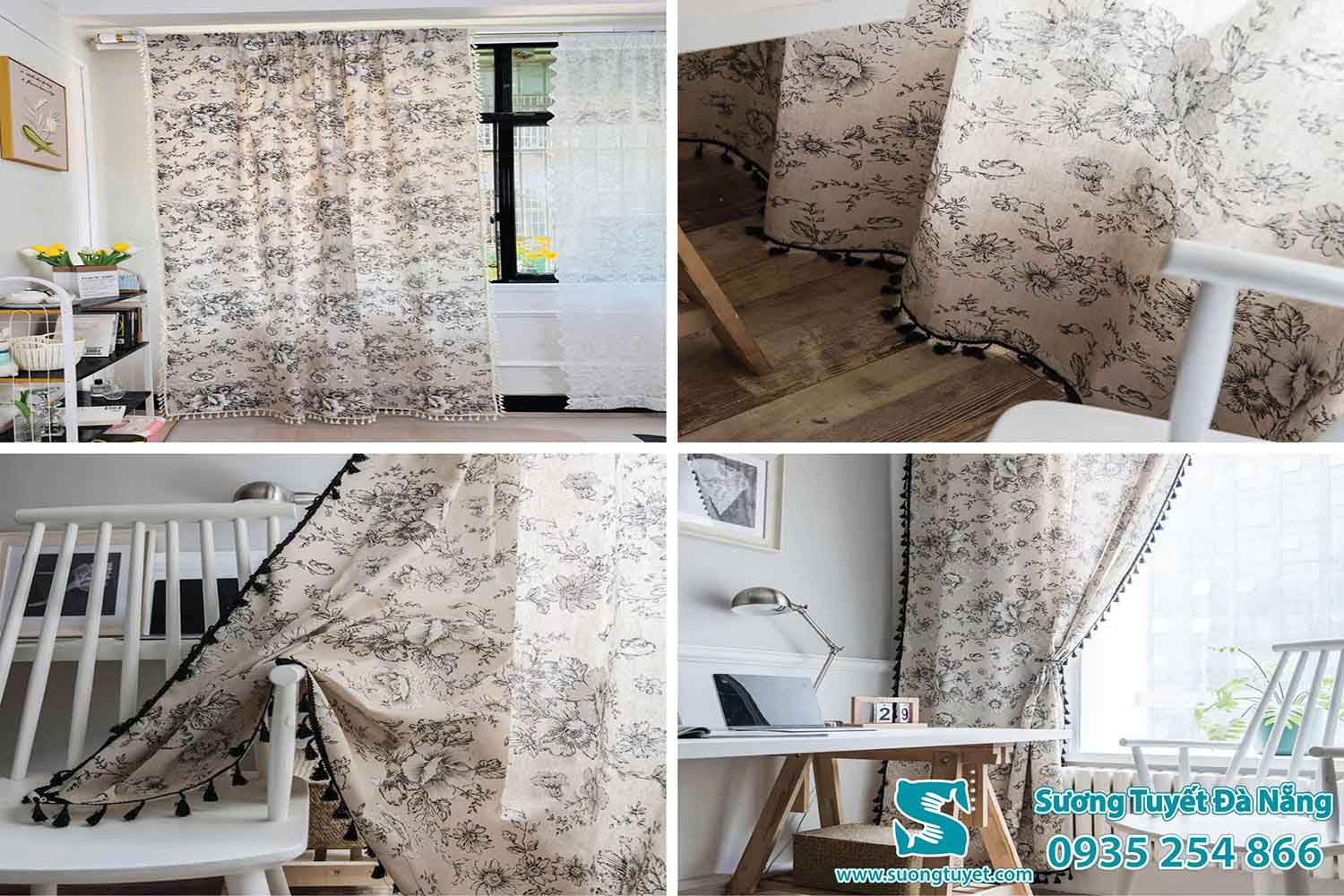 Một bộ rèm linen nổi bật nhờ hoa văn phù kín cả bộ vải.