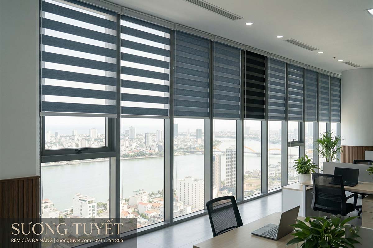 Rèm cầu vồng Hàn Quốc chính hãng màu xanh xám điều tiết ánh sáng thông minh cho văn phòng.