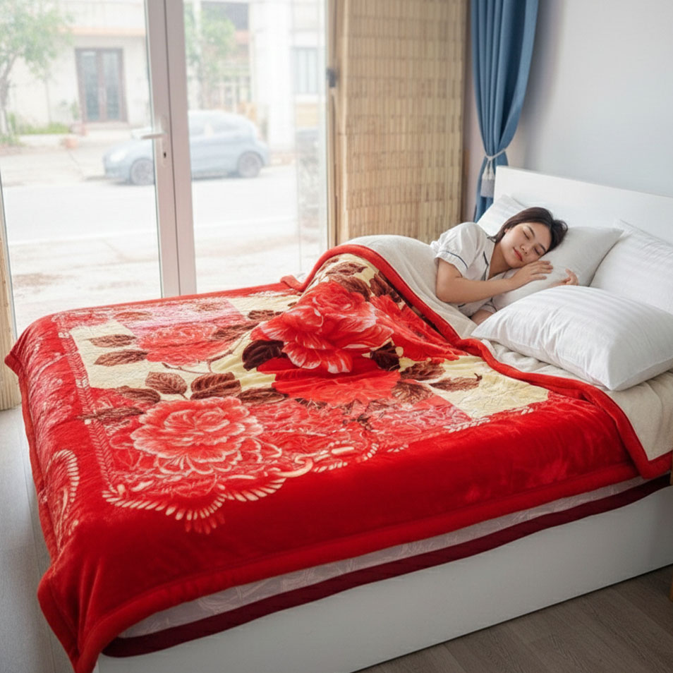 Cận cảnh mền lông 5kg với các đường in 5D bền chắc, không phai màu khi giặt.