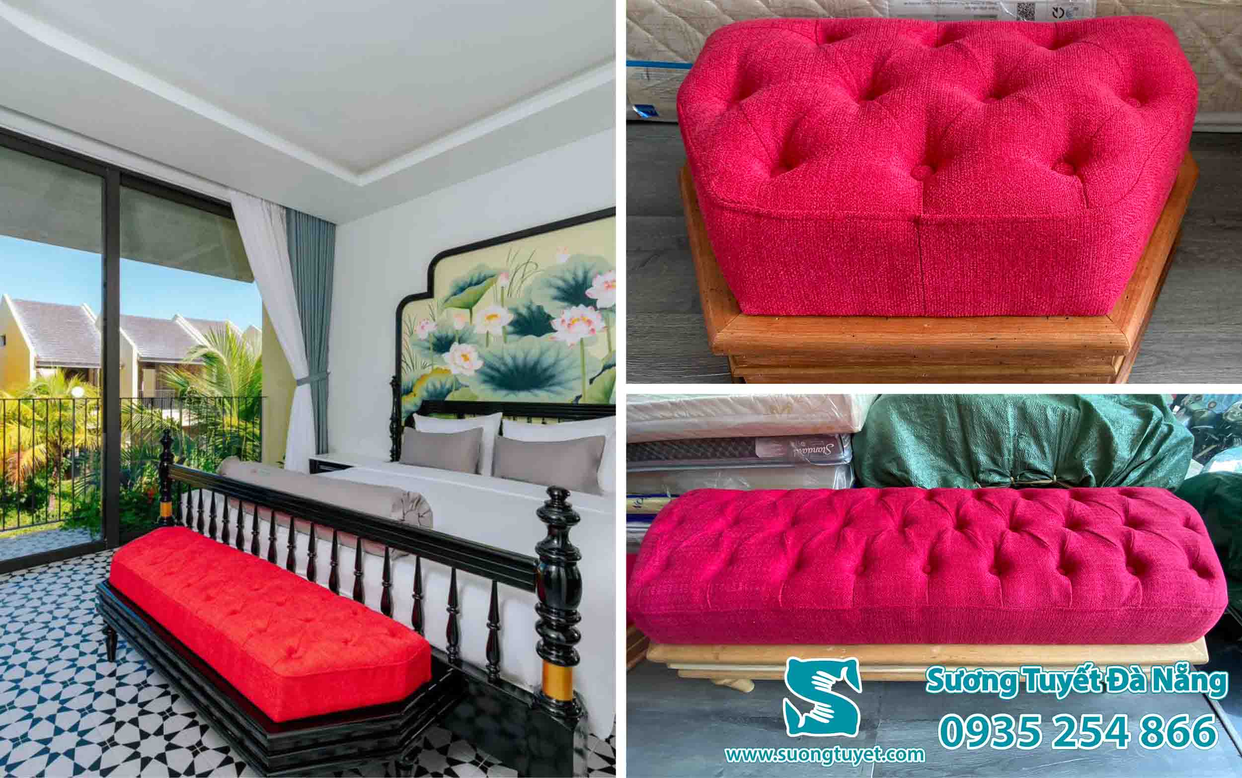 Cận cảnh bộ lót ghế sofa dài màu đỏ sang trọng.