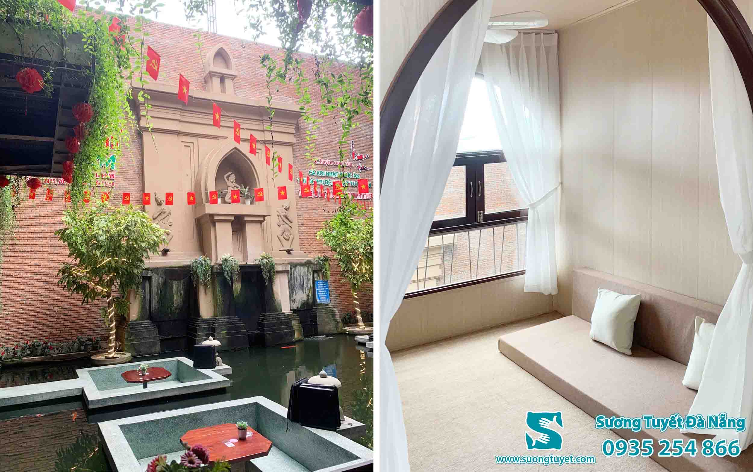 Không gian nhà hàng Gia Phan được biến tấu độc đáo thông qua rèm và nệm.