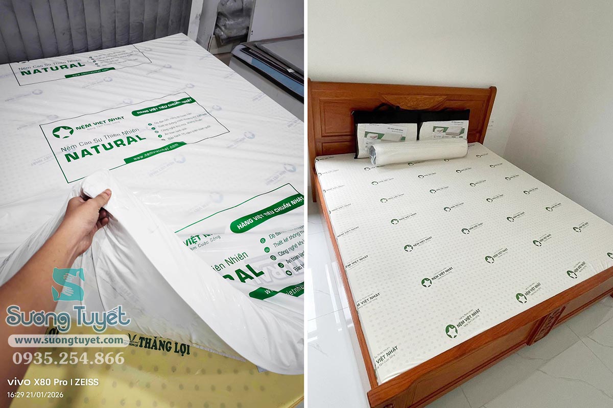 Cận cảnh nệm cao su Natural với lớp nilon bao bọc kỹ, áo nệm là vải gấm đẹp.