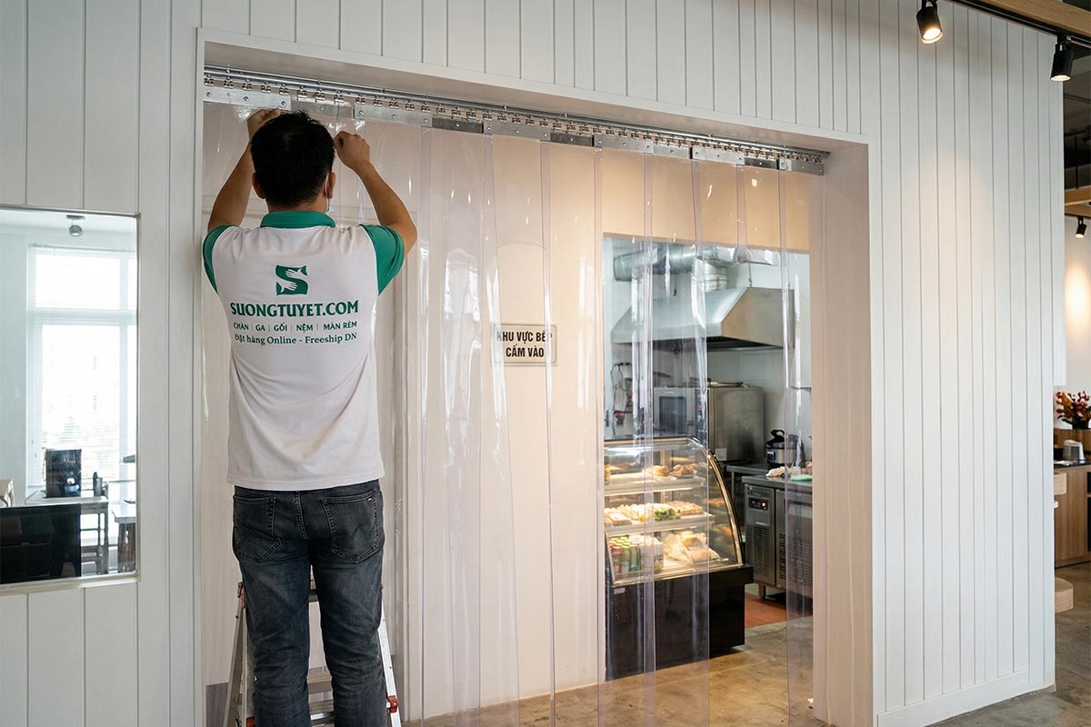 Bất cứ chỗ nào cần rèm PVC Sương Tuyết đều nhận làm.