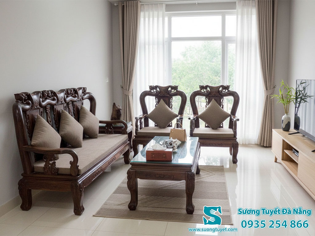 Nệm ghế bộ Rồng dày 5cm màu nâu.