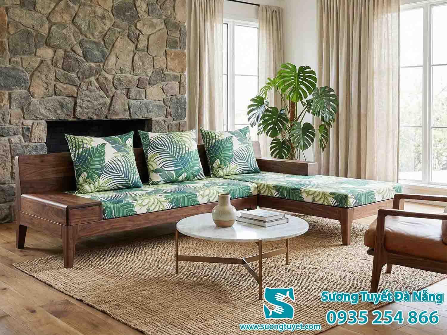 Nệm ghế chữ L họa tiết xanh lá cây xanh mát.