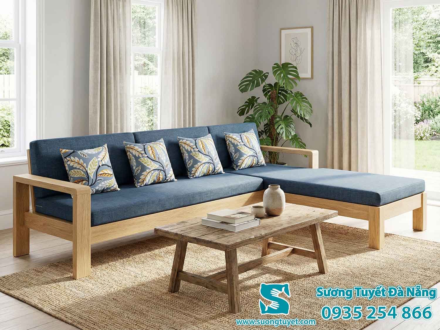 Lót ghế xanh dương cùng gối hoa hiện đại.