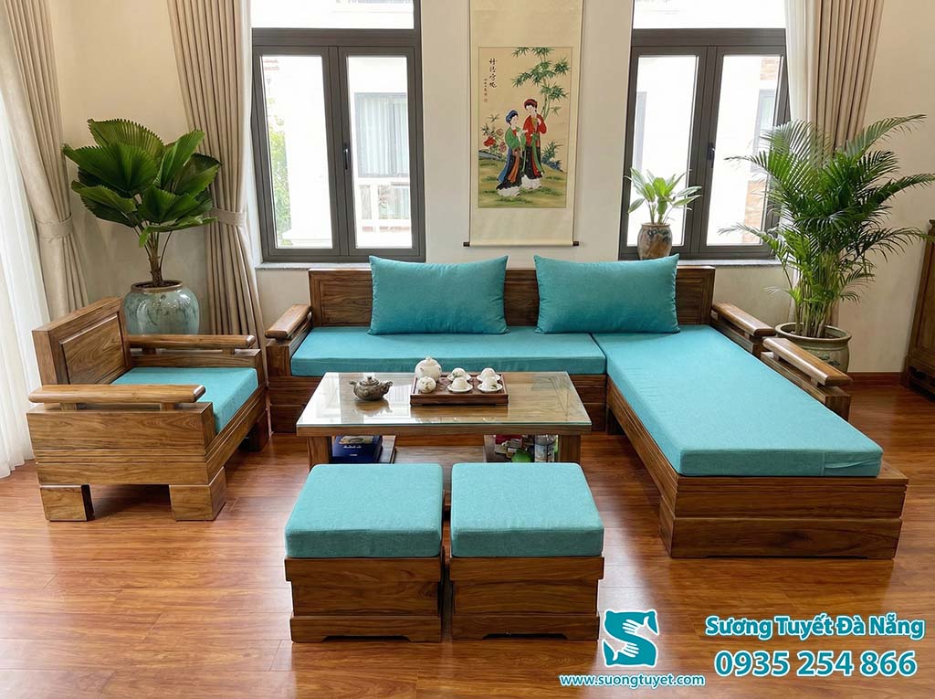 Biến tấu phòng khách với lót ghế xanh ngọc bích.