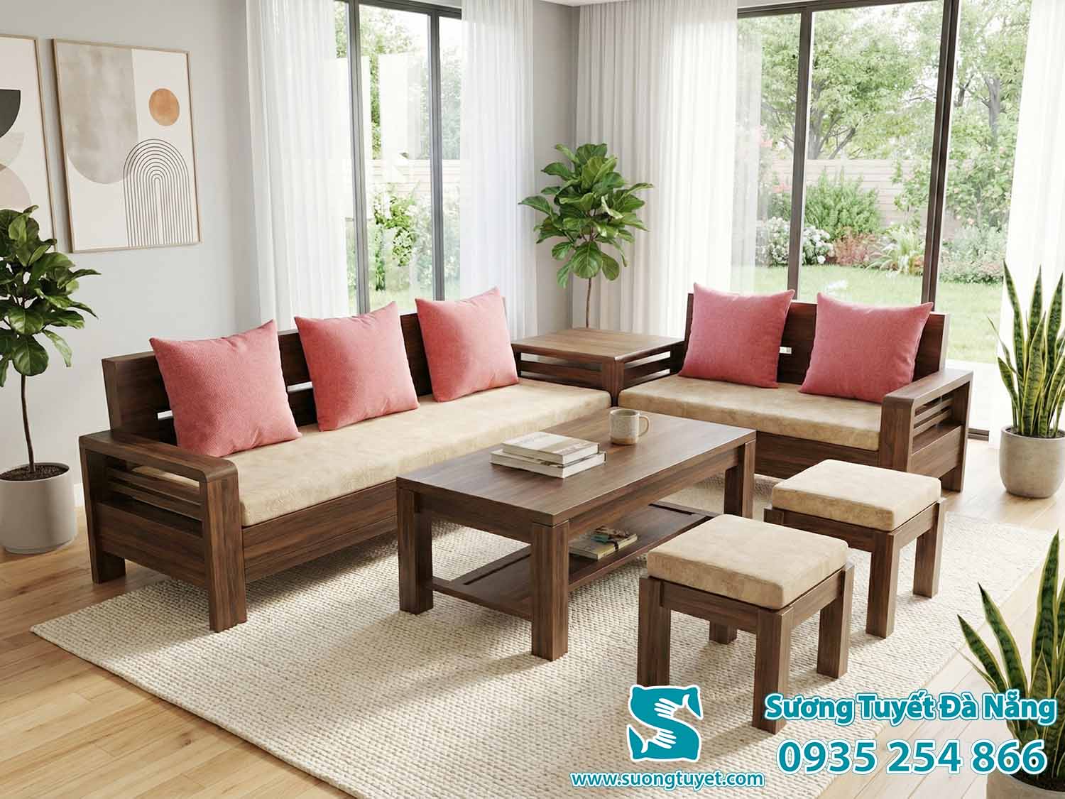 Bộ nệm ghế phòng khách vải nhung, gối hồng nhã nhặn.