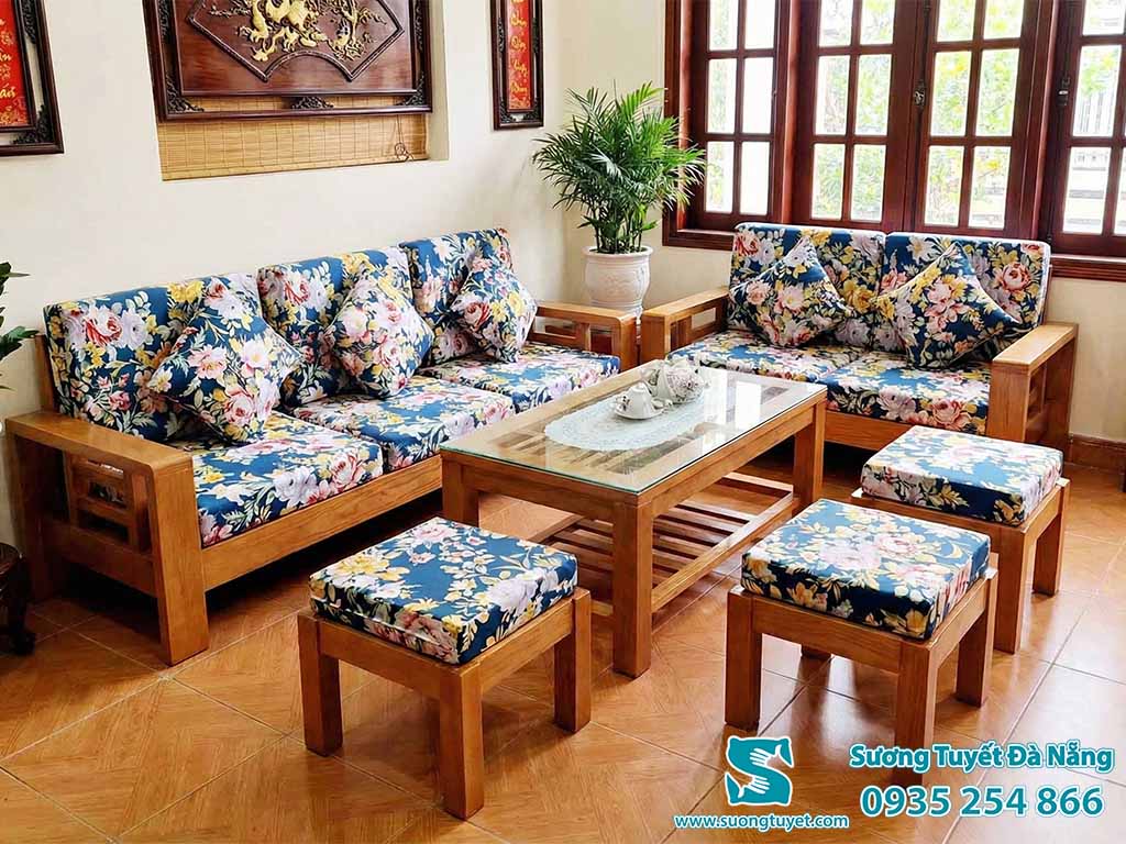 Combo nệm ghế, dựa lưng và gối vuông màu xanh đẹp.