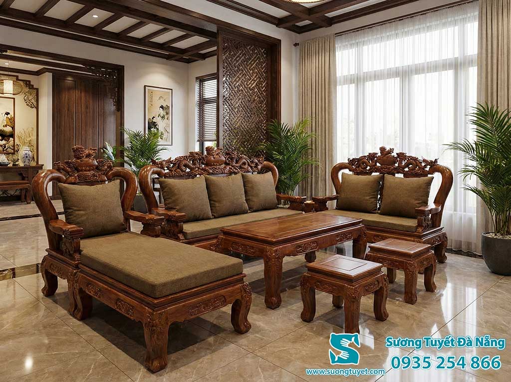 Bộ ghế Rồng với nệm lót màu xanh rêu hiện đại.