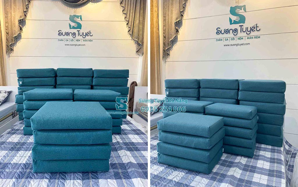 Hàng chục bộ nệm cho ghế cà phê màu xanh đẹp mắt.