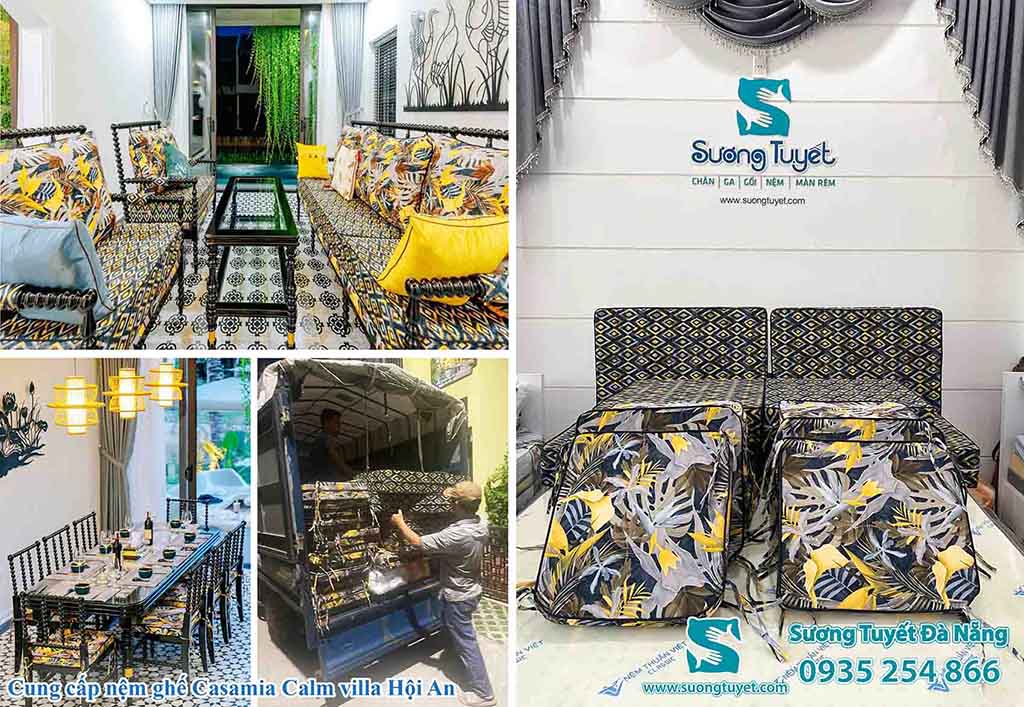 Casamia Calm resort Hội An tỏa sáng với nệm ghế hoa văn đẹp.