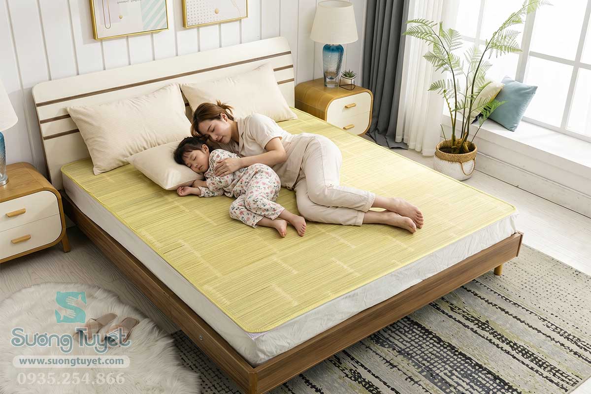 Chiếu tre Tây Bắc nằm rất mát, thanh tre nhỏ nhẹ nằm đằm lưng, không đau.