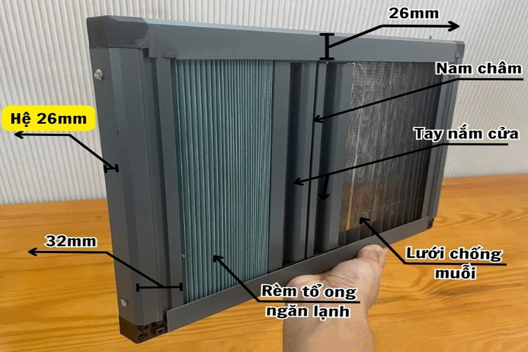 Cận cảnh bộ vách tổ ong kết hợp chống muỗi với hệ xếp 26mm.