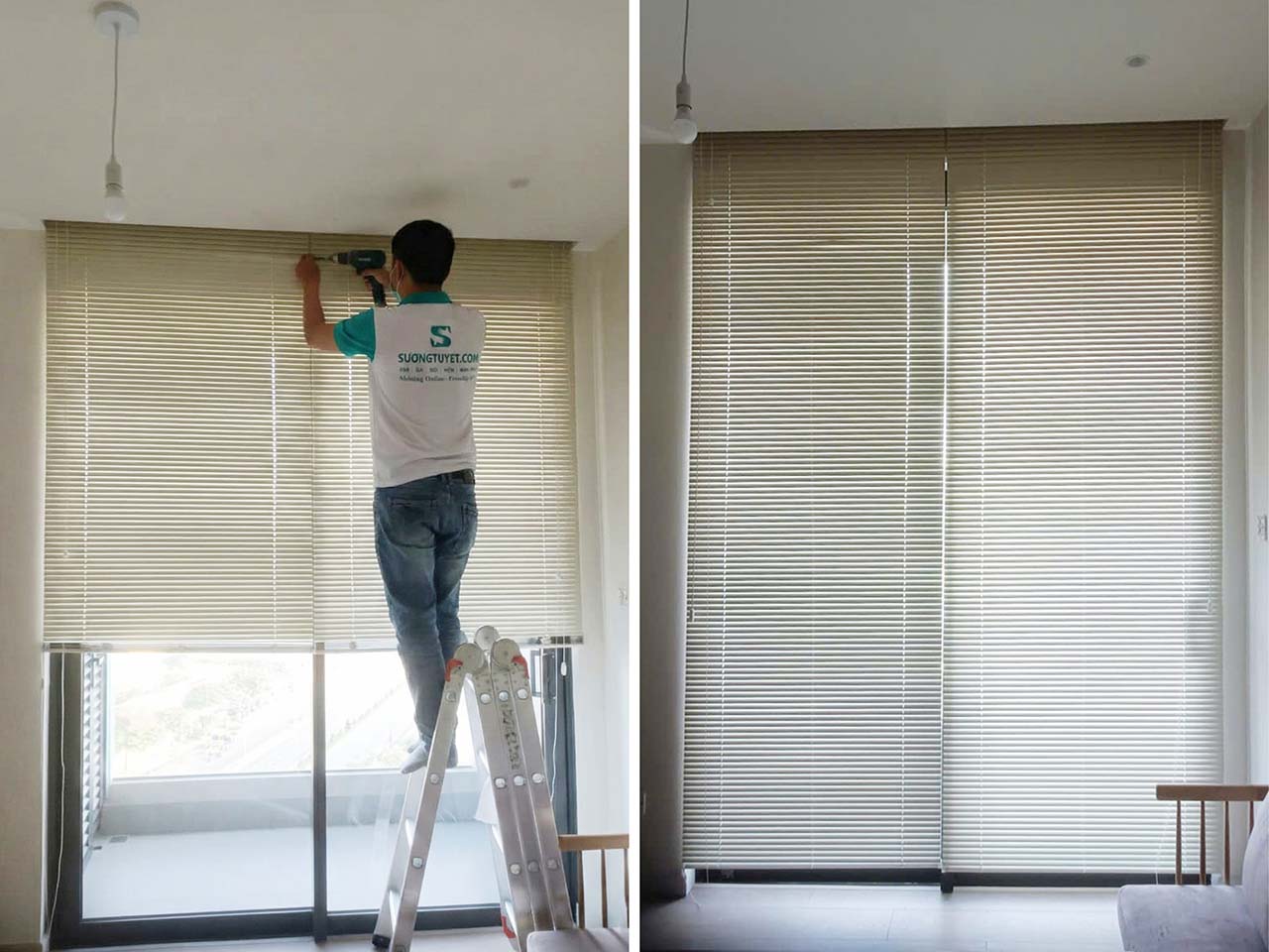 Hình ảnh Sương Tuyết lắp rèm nhôm tại Sun Cosmo.