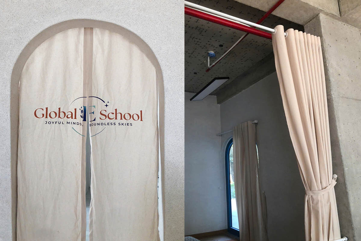Trên rèm Norel in thương hiệu Global School tạo điểm nhấn đẹp.