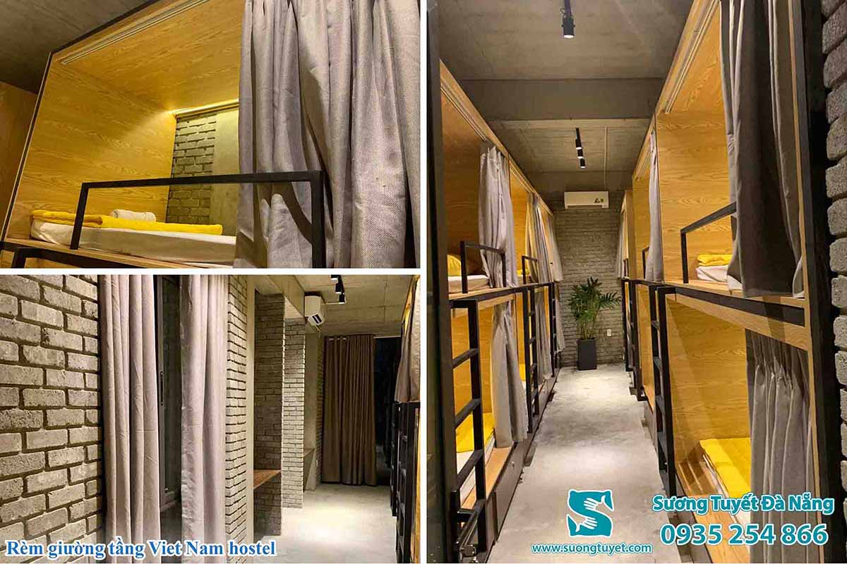 Sương Tuyết lắp rèm giường tầng hostel Việt Nam.
