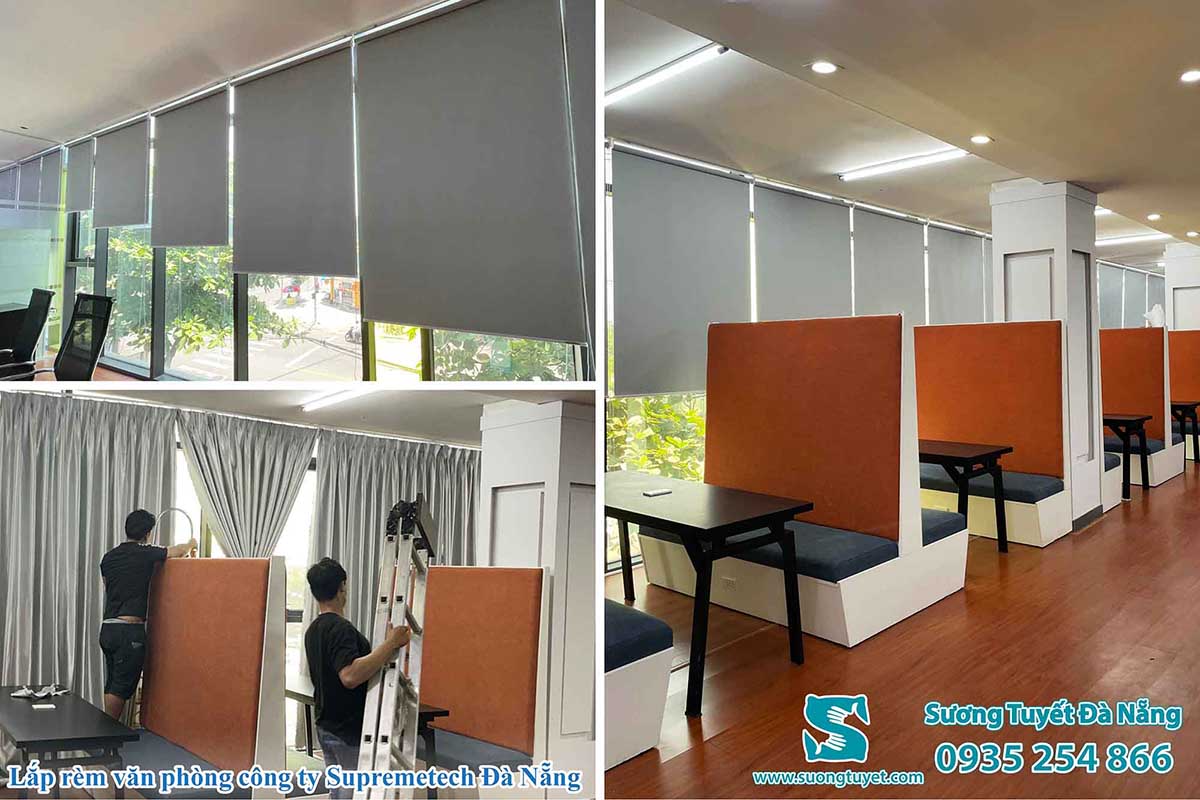 Sương Tuyết lắp rèm cuốn thay cho rèm vải cũ tại công ty Supremetech.