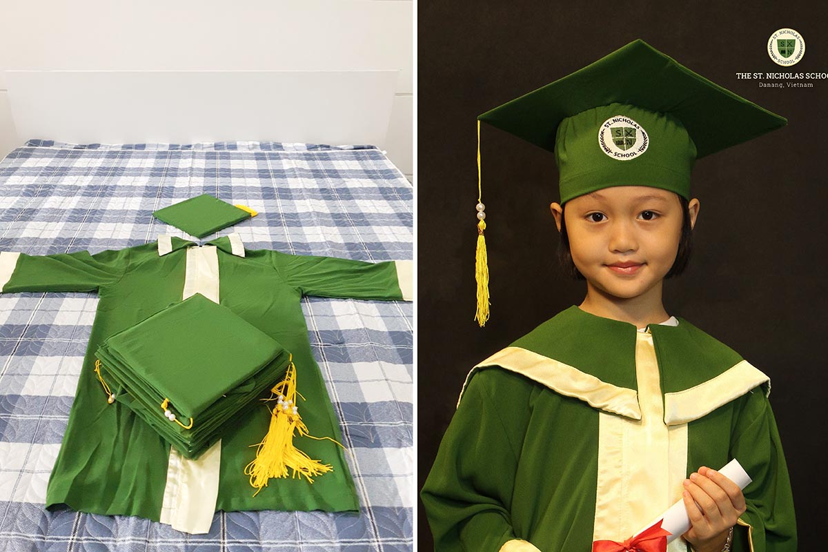 Các em học sinh Nicholas rạng rỡ trong màu áo tốt nghiệp.