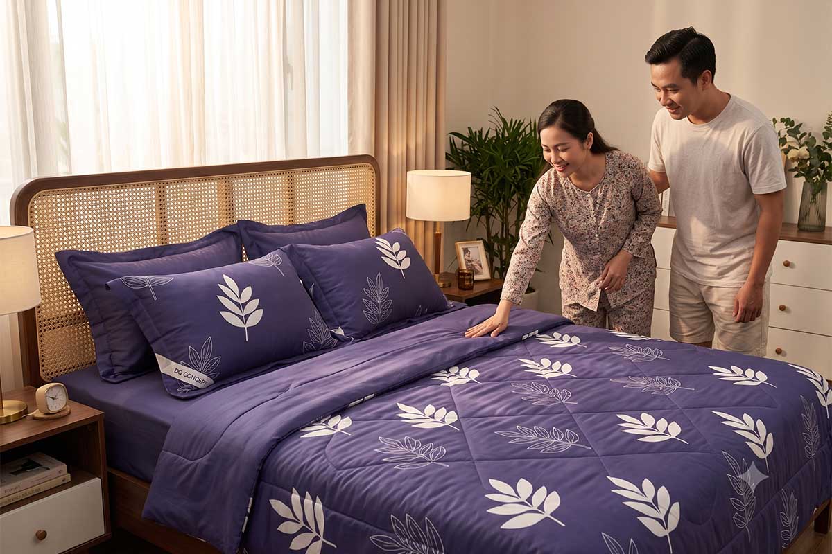 Khách hàng dùng tay sờ thử độ mát mẻ của vải Modal tại showroom Sương Tuyết