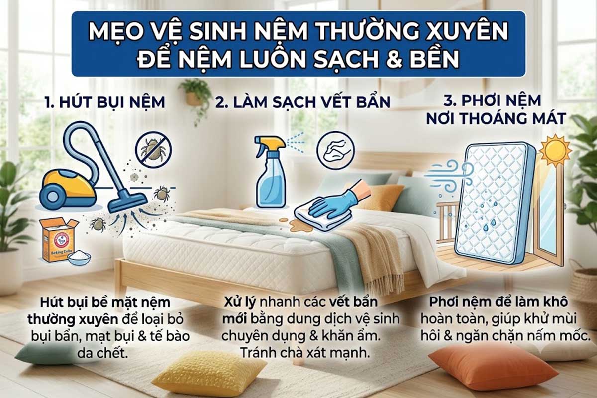 Vệ sinh nệm thường xuyên để đảm bảo sạch vi khuẩn