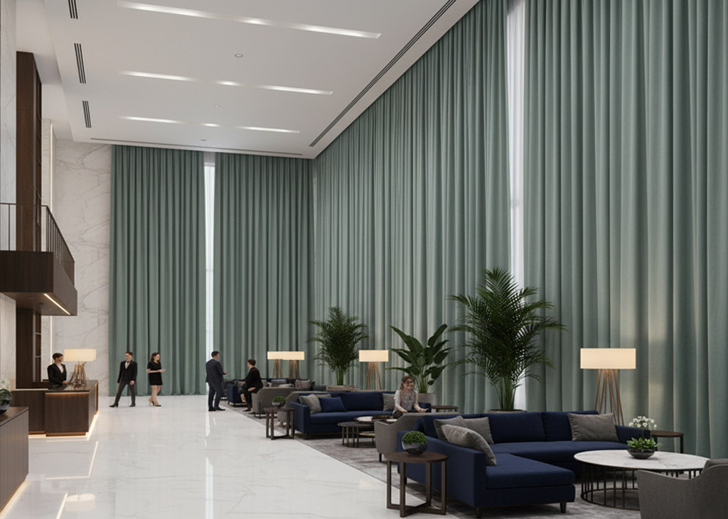 Rèm xanh ghi 1 lớp được nhiều khách sạn, nhà hàng sử dụng.