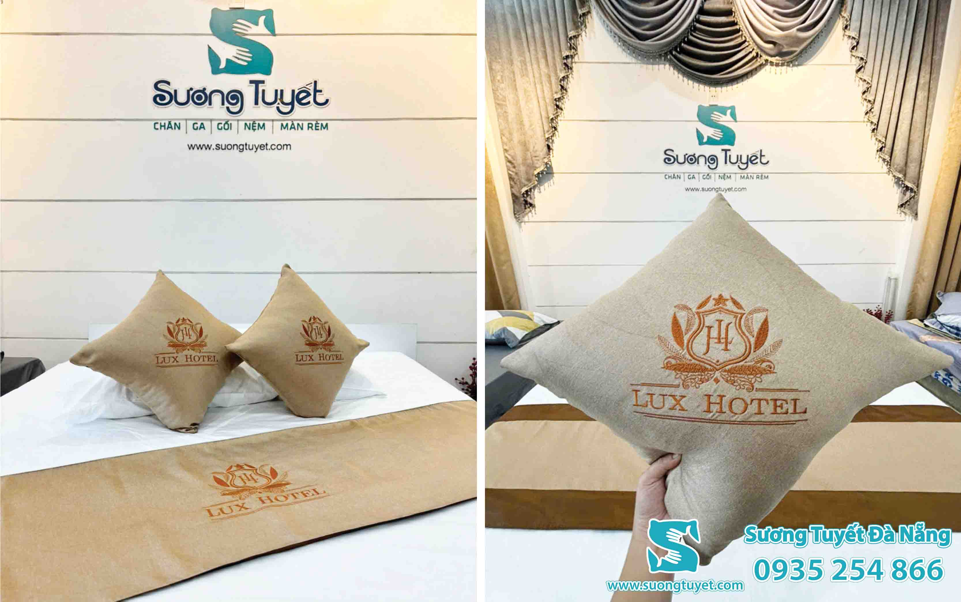 Mẫu tấm trang trí Sương Tuyết may vải bố cho khách sạn bên Lào.