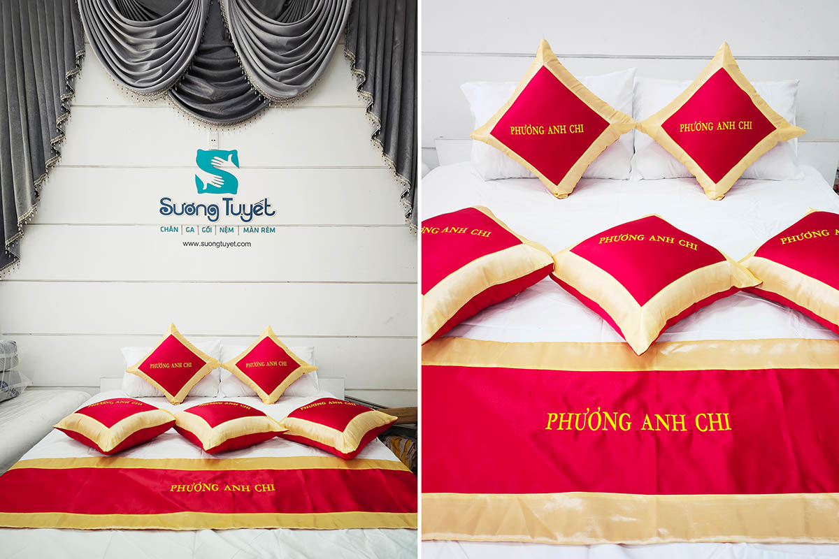 Gối trang trí giường khách sạn thêu logo