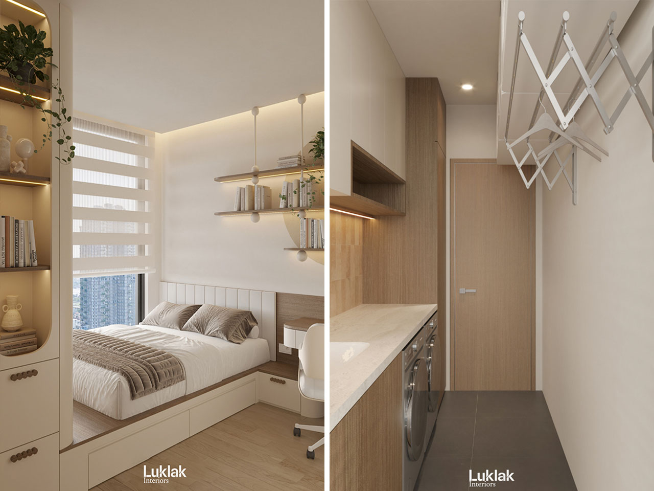 Hầu như mọi chi tiết trong phòng đều tạo từ 3 màu sắc bổ trợ là Trắng - Be - Sữa.