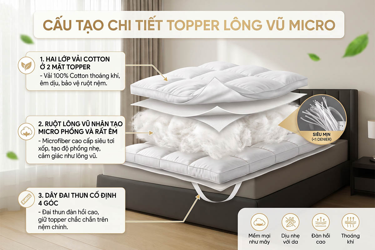 Topper micro có cấu tạo hiện đại với lớp bông nhân tạo êm ái như mây.