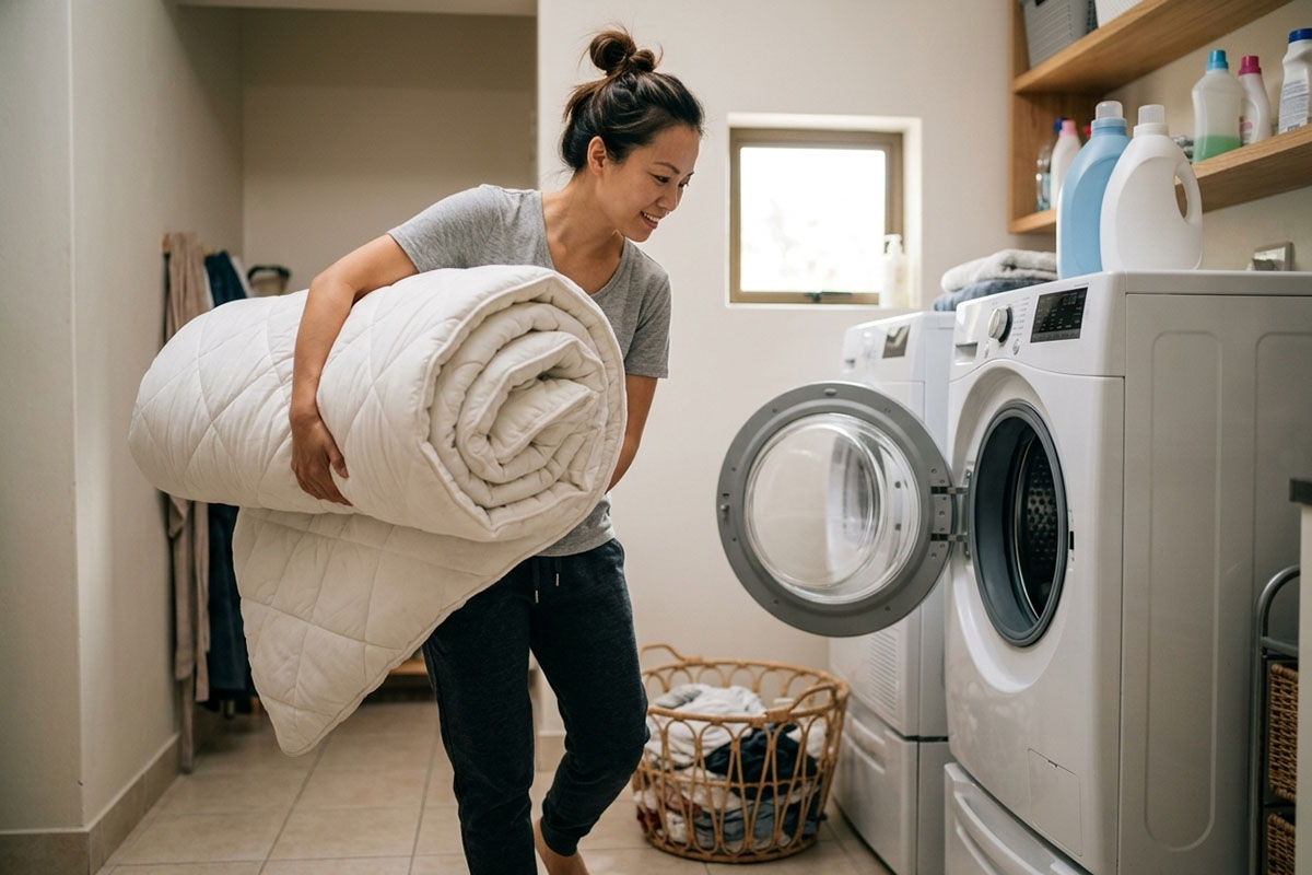 Topper nên giặt ở chế độ nhẹ thôi, không nên giặt mạnh.