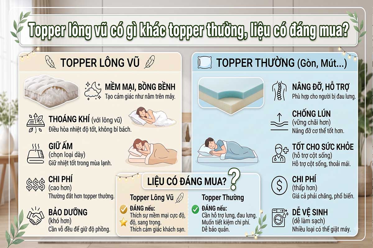 Bảng so sánh Topper lông vũ và topper thường.