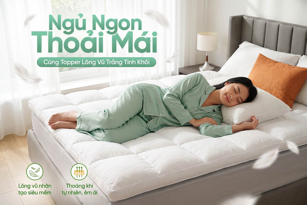 Điểm vượt trội của topper lông vũ là rất đàn hồi và nằm rất êm, dày dặn.