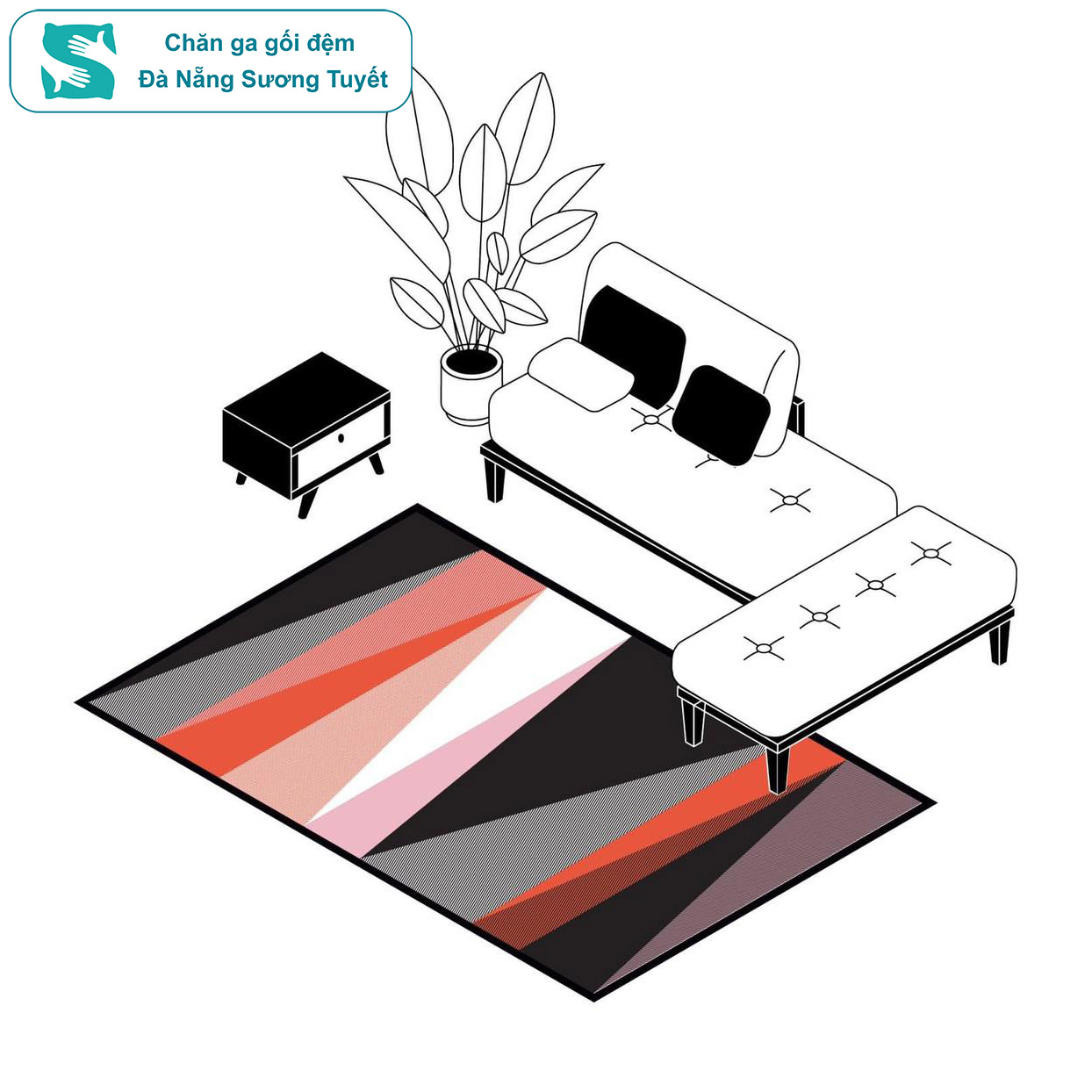 Đặt sofa đè lên mép của thảm để cố định thảm và tạo hiệu ứng 2/3 trong nhiếp ảnh mang đến sự cân đối.