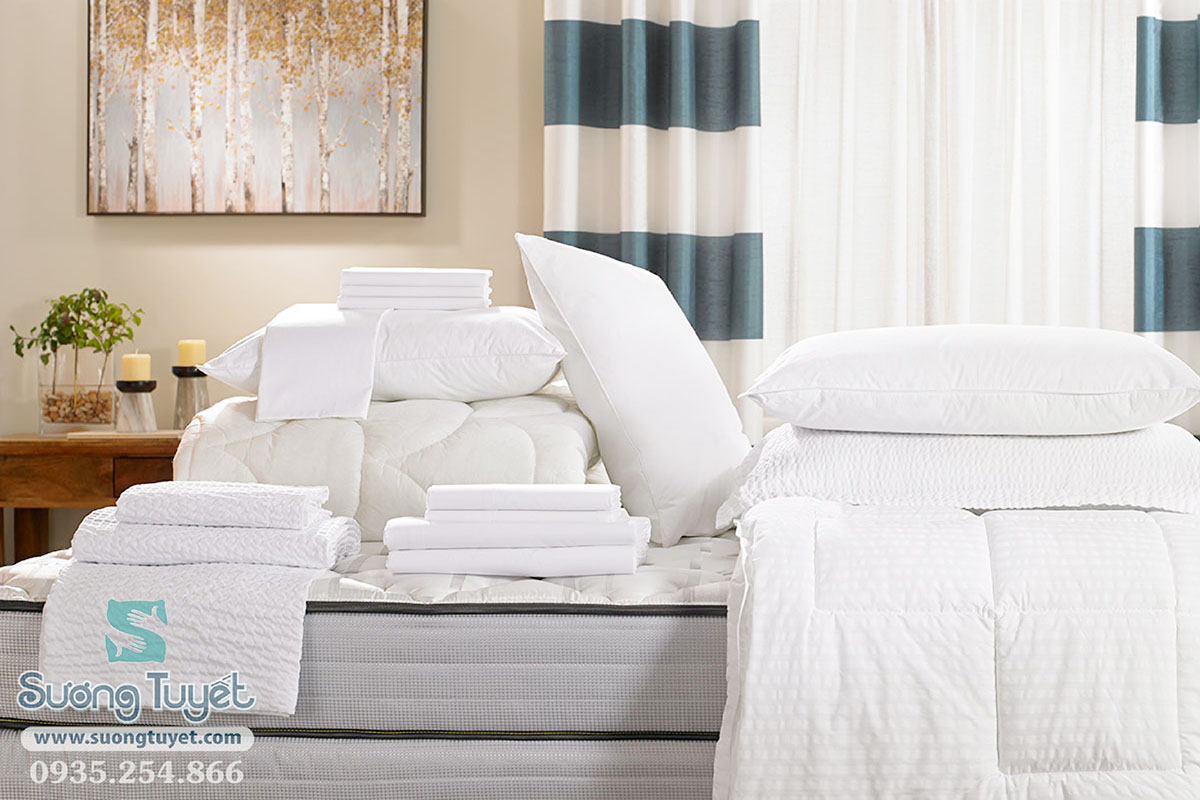 Combo bộ chăn ga khách sạn gồm Drap, vỏ chăn, ruột chăn, vỏ gối, ruột gối.