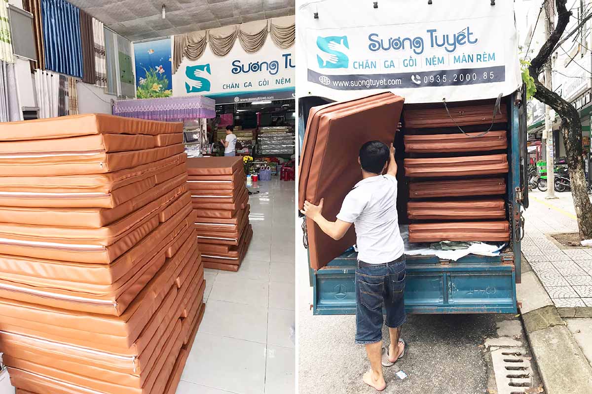 Khách hàng có thể chọn làm nệm thẳng, nệm gấp 2, gấp 3, vải da, simili, vải bố tùy ý.